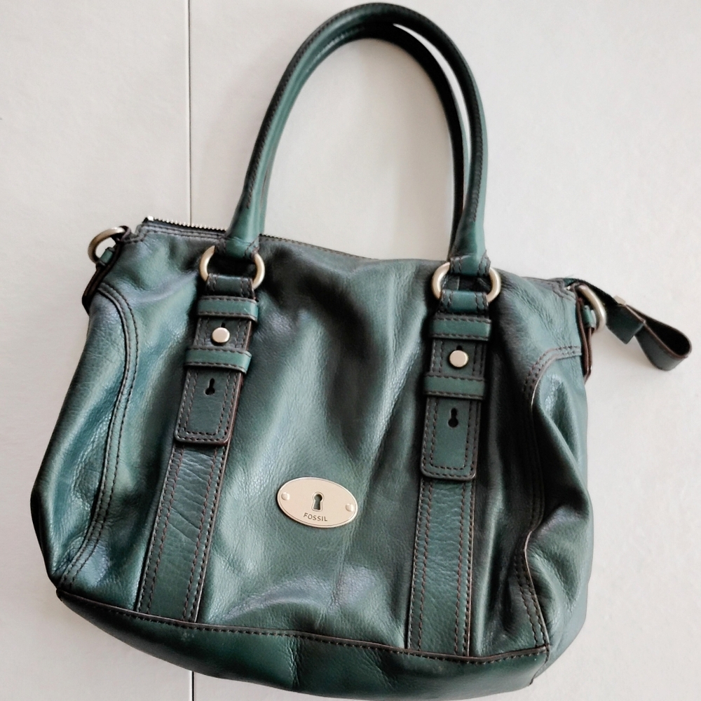 Fossil Maddox Leather Top Handle Satchel Bag Dark Teal